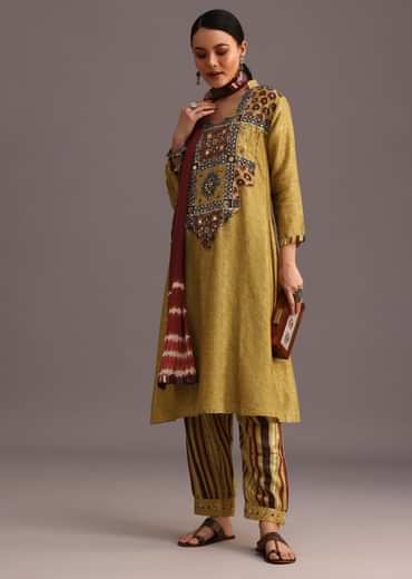 Mehendi Green Ajrakh Printed Kurta Set With Leheriya Dupatta