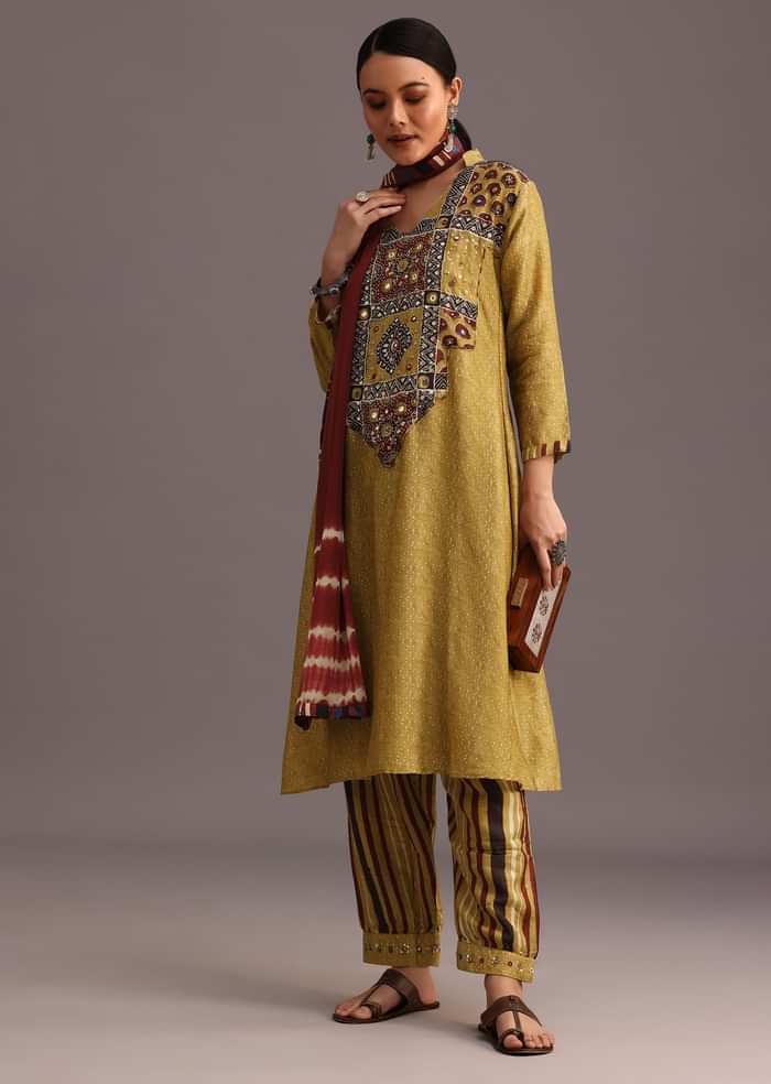 Mehendi Green Ajrakh Printed Kurta Set With Leheriya Dupatta