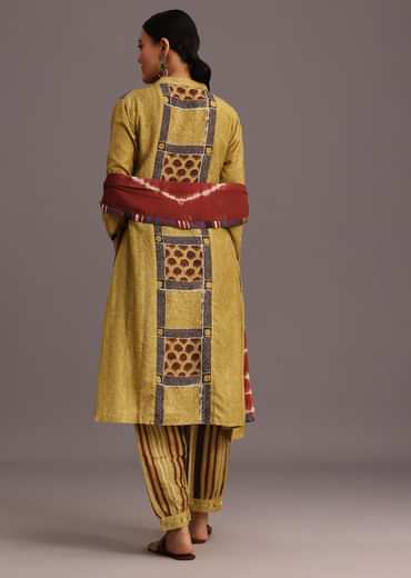 Mehendi Green Ajrakh Printed Kurta Set With Leheriya Dupatta