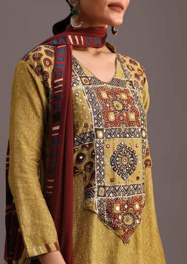 Mehendi Green Ajrakh Printed Kurta Set With Leheriya Dupatta