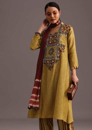 Mehendi Green Ajrakh Printed Kurta Set With Leheriya Dupatta