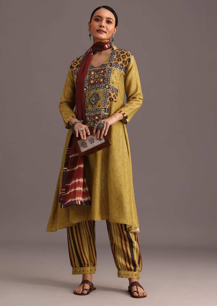 Mehendi Green Ajrakh Printed Kurta Set With Leheriya Dupatta