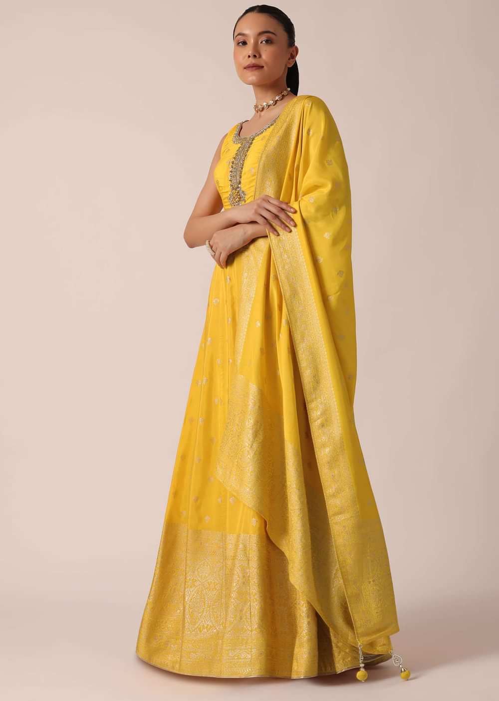 Yellow Anarkali Set in Silk With Sequin Work