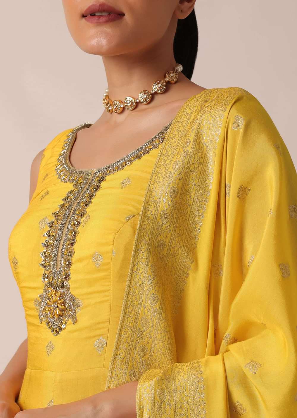 Yellow Anarkali Set in Silk With Sequin Work