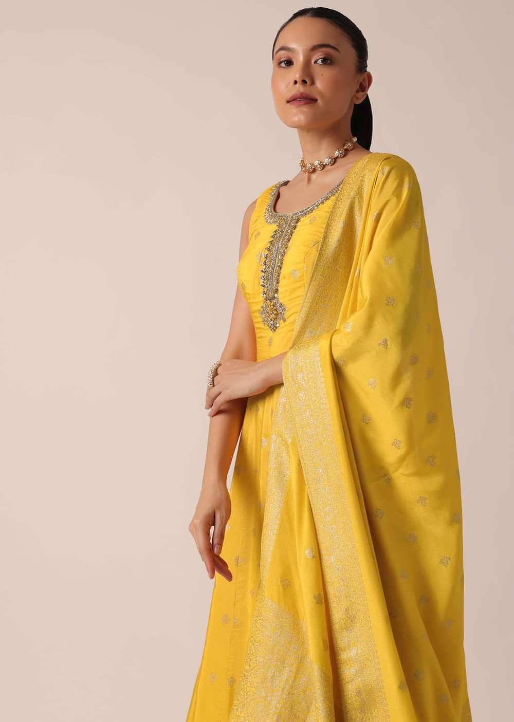 Yellow Anarkali Set in Silk With Sequin Work