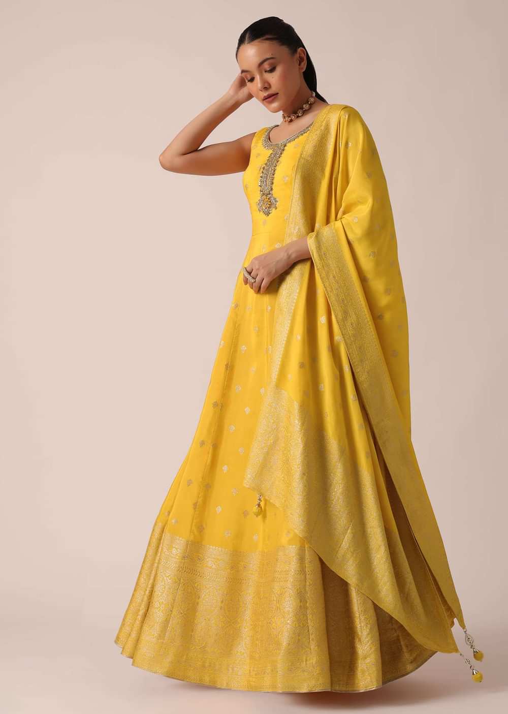 Yellow Anarkali Set in Silk With Sequin Work