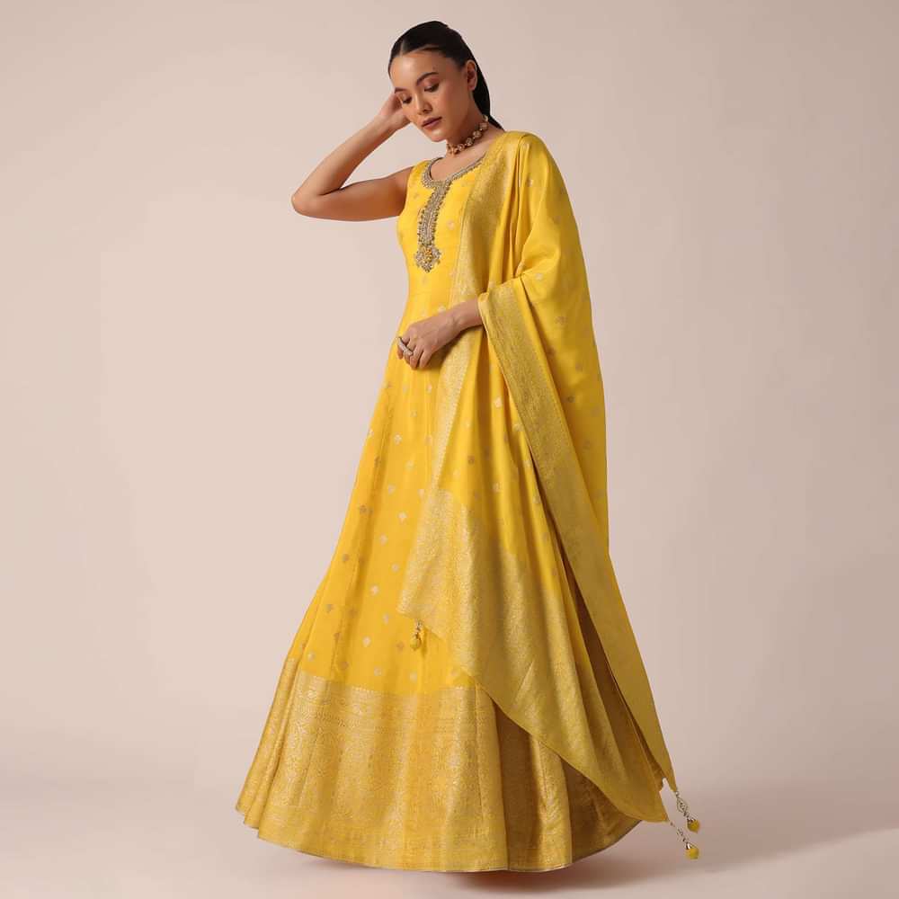 Yellow Anarkali Set in Silk With Sequin Work