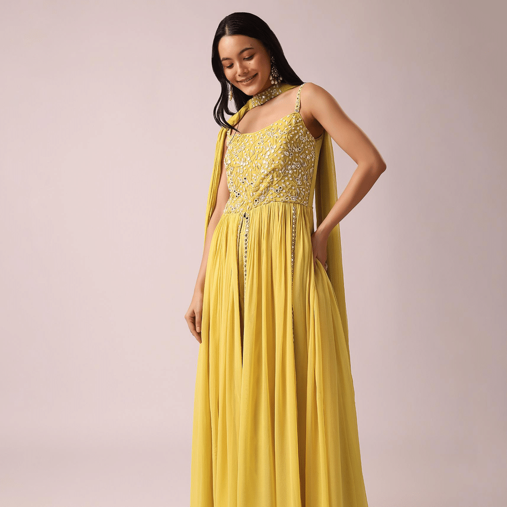 Yellow Anarkali Set With Mirror Embellishments