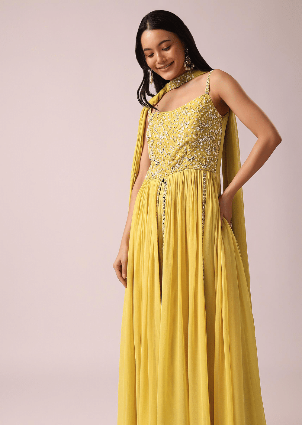 Yellow Anarkali Set With Mirror Embellishments
