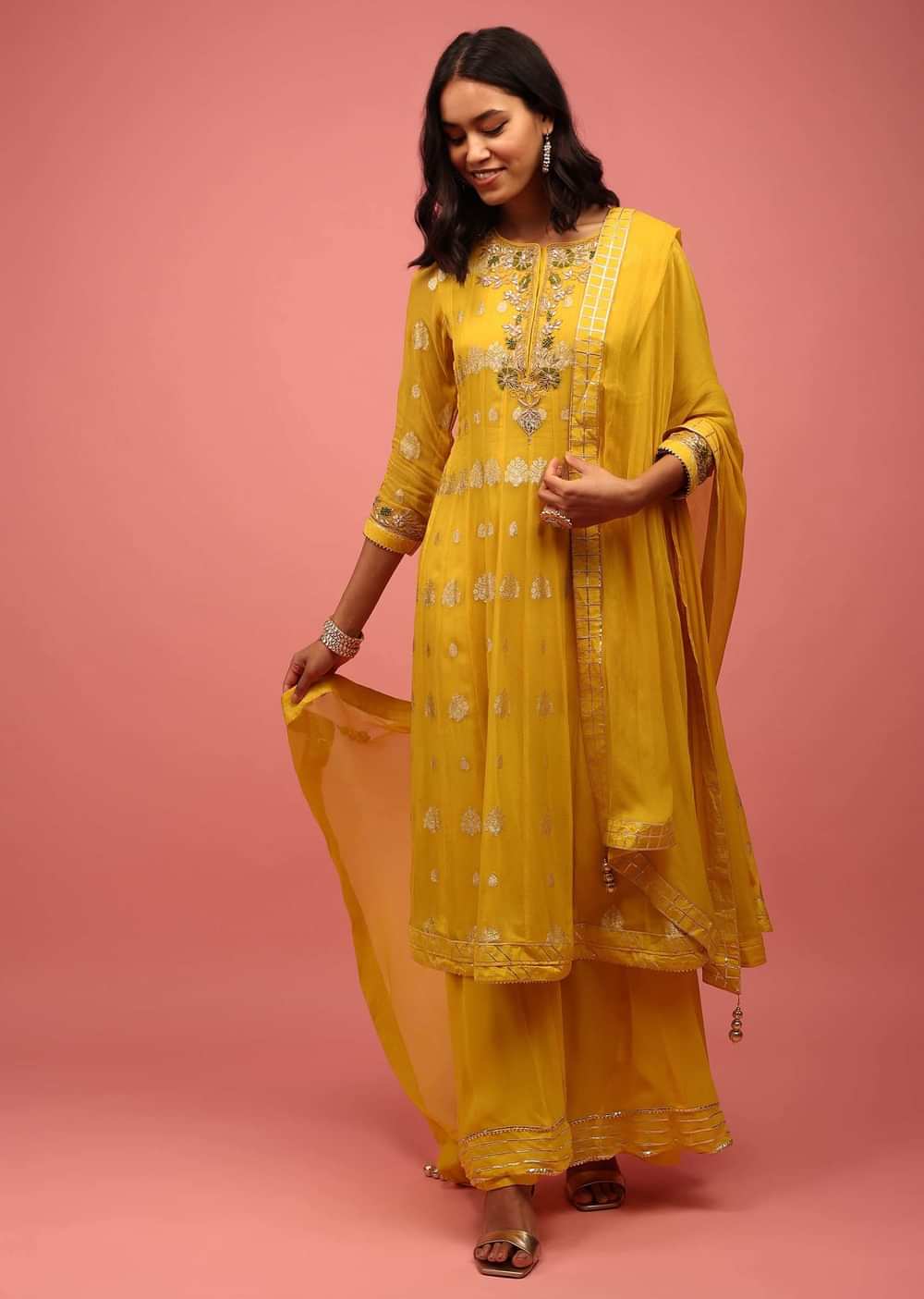 Chrome Yellow Anarkali Suit Set In Banarasi Georgette, Embellished With Brocade And Zardosi Work