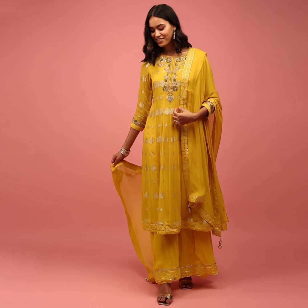 Chrome Yellow Anarkali Suit Set In Banarasi Georgette, Embellished With Brocade And Zardosi Work