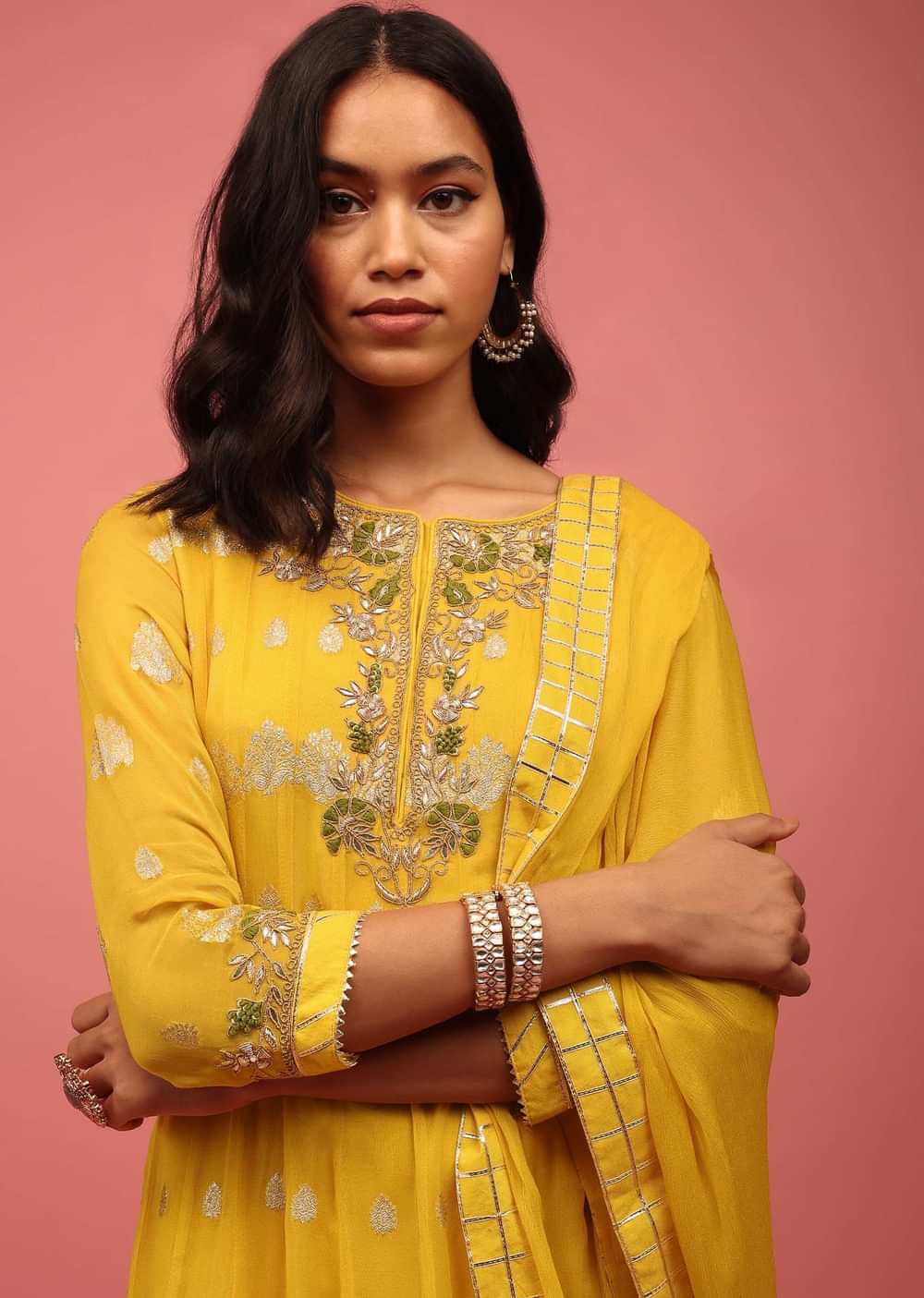 Chrome Yellow Anarkali Suit Set In Banarasi Georgette, Embellished With Brocade And Zardosi Work