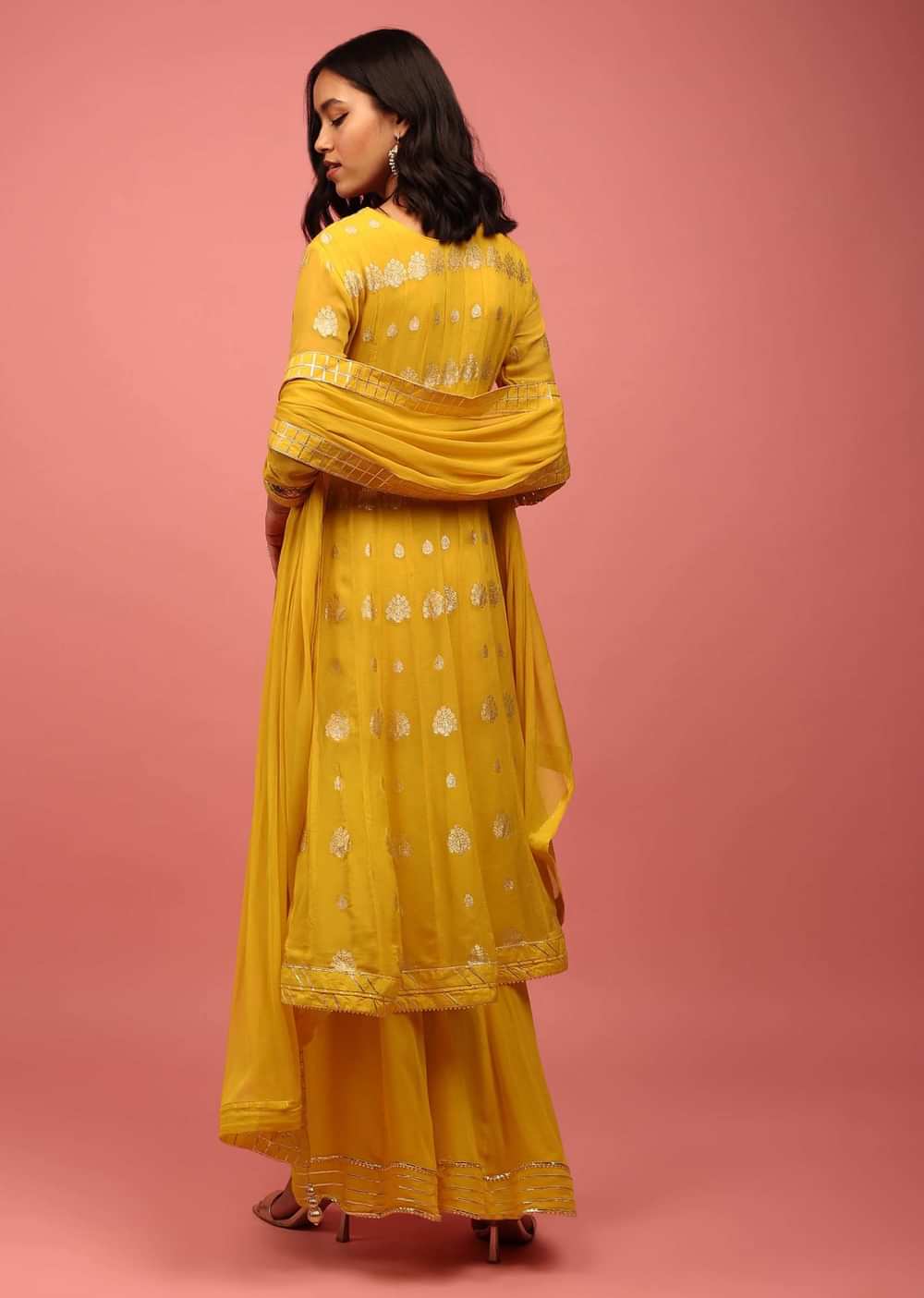 Chrome Yellow Anarkali Suit Set In Banarasi Georgette, Embellished With Brocade And Zardosi Work