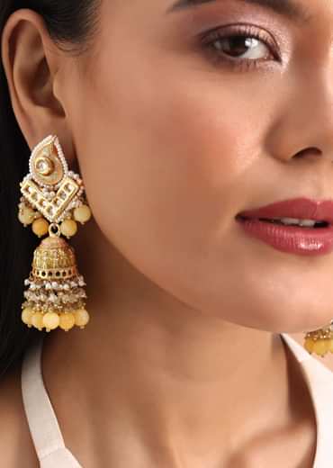 Yellow And Gold Kundan Dangler Earrings In Mix Metal