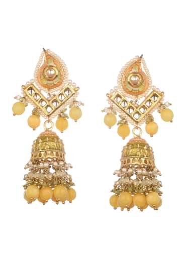 Yellow And Gold Kundan Dangler Earrings In Mix Metal