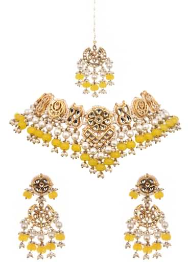Yellow And Gold Kundan Mix Metal Short Necklace Set