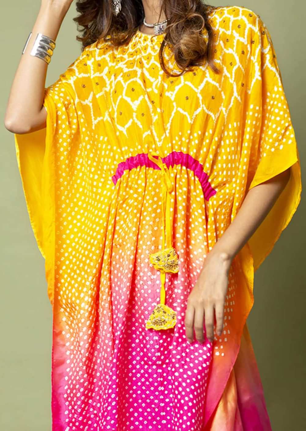 Yellow And Hot Pink Ombré Kaftan And Straight Pants Set With Bandhani And Hand Embroidery