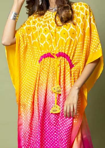 Yellow And Hot Pink Ombré Kaftan And Straight Pants Set With Bandhani And Hand Embroidery