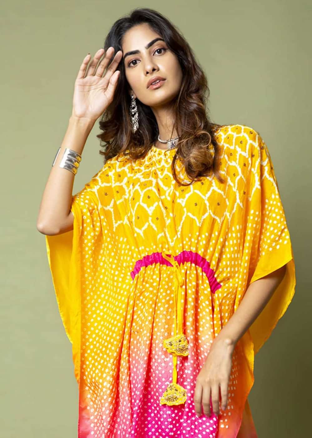Yellow And Hot Pink Ombré Kaftan And Straight Pants Set With Bandhani And Hand Embroidery
