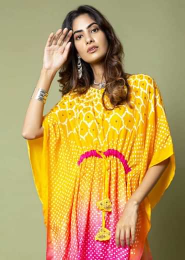 Yellow And Hot Pink Ombré Kaftan And Straight Pants Set With Bandhani And Hand Embroidery