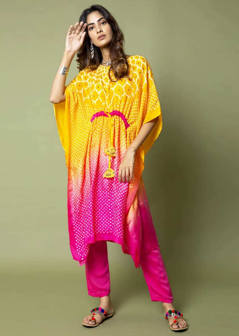 Yellow And Hot Pink Ombré Kaftan And Straight Pants Set With Bandhani And Hand Embroidery
