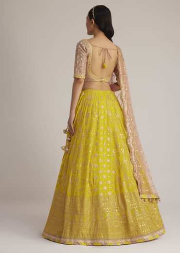 Yellow and Mauve Embroidered Lehenga Set With Net Dupatta