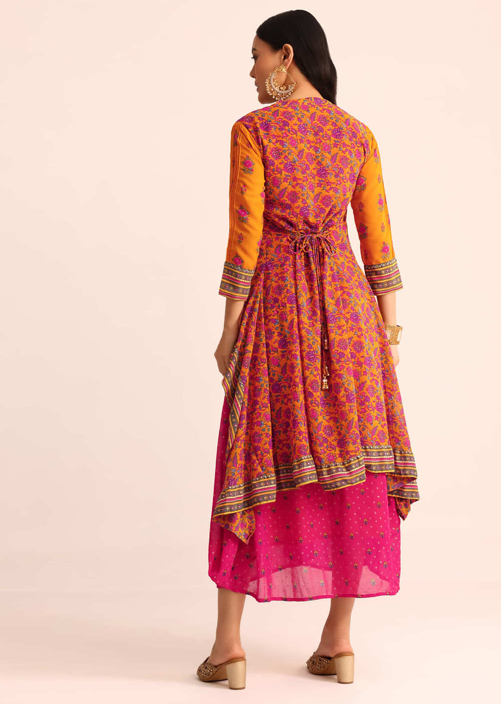 Yellow And Pink Floral Printed Georgette Long Kurti