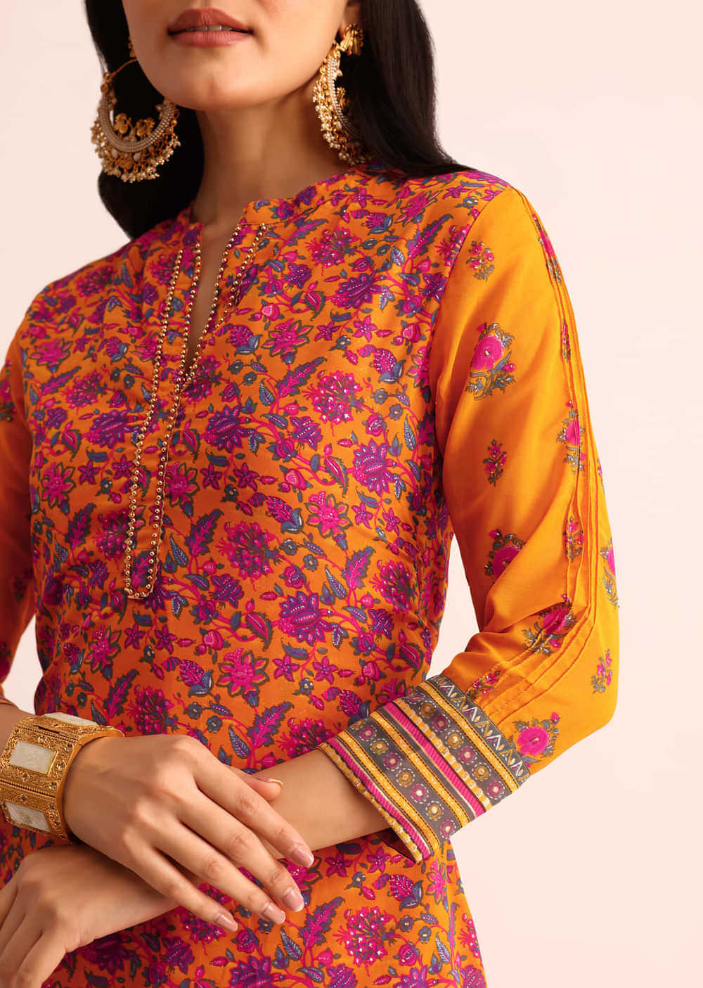 Yellow And Pink Floral Printed Georgette Long Kurti