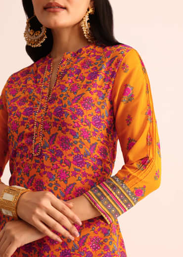 Yellow And Pink Floral Printed Georgette Long Kurti