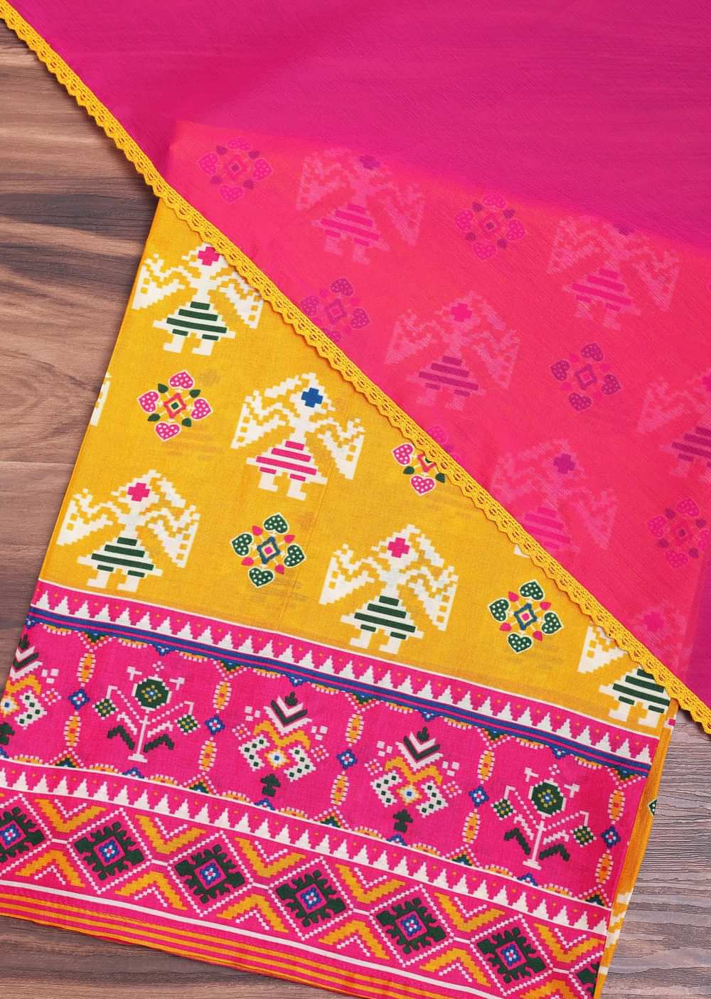 Yellow And Pink Patola Printed Tussar Dress Material