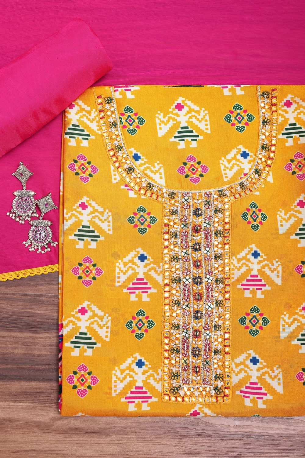 Yellow And Pink Patola Printed Tussar Dress Material