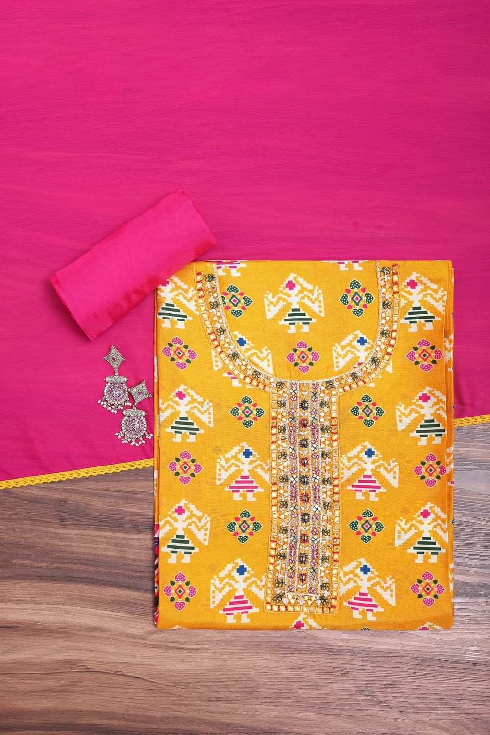 Yellow And Pink Patola Printed Tussar Dress Material