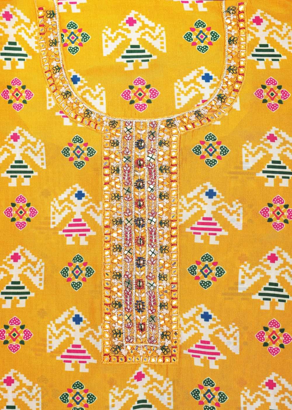 Yellow And Pink Patola Printed Tussar Dress Material