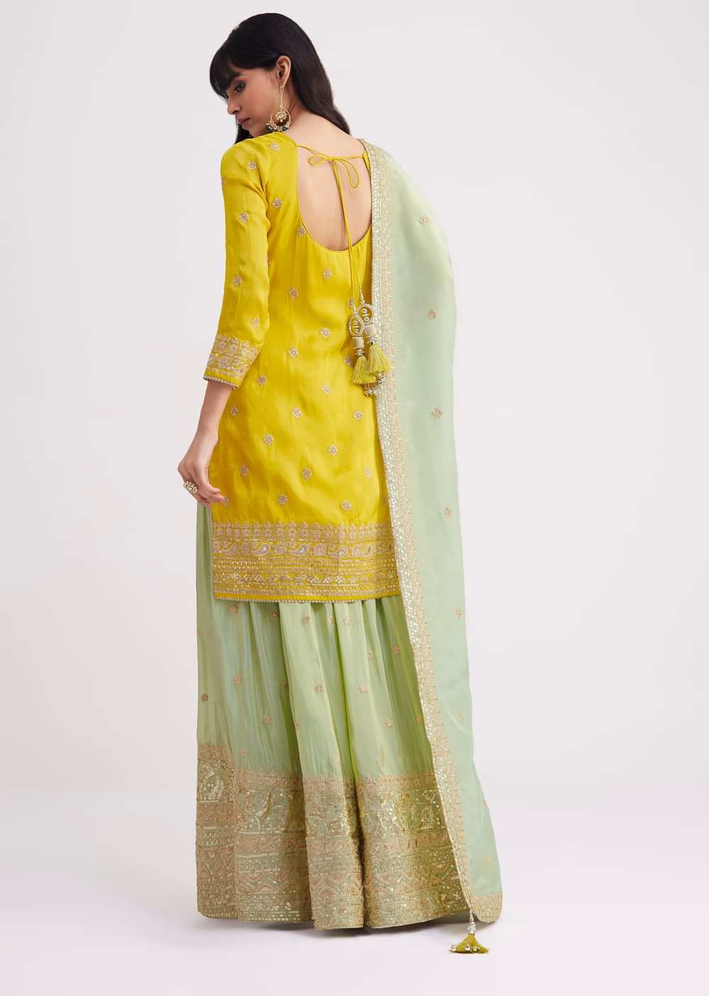 Yellow And Pista Green Tissue Palazzo Suit With Zardosi Work