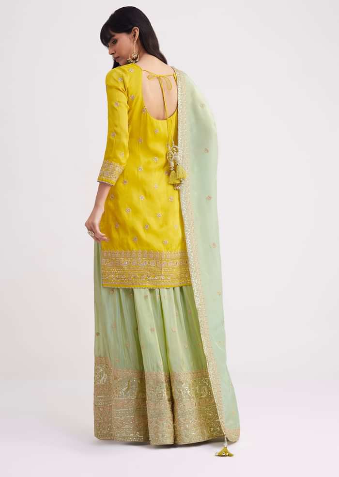 Yellow And Pista Green Tissue Palazzo Suit With Zardosi Work