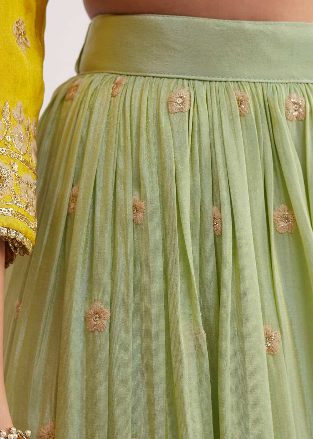 Yellow And Pista Green Tissue Palazzo Suit With Zardosi Work