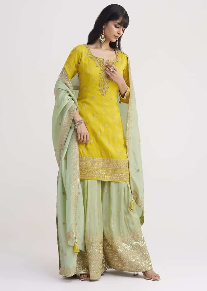 Yellow And Pista Green Tissue Palazzo Suit With Zardosi Work