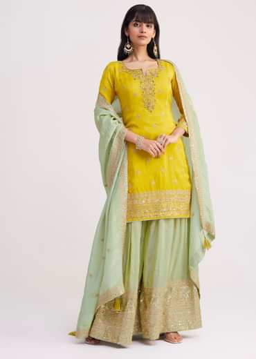 Yellow And Pista Green Tissue Palazzo Suit With Zardosi Work