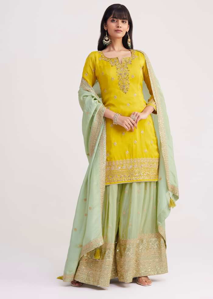 Yellow And Pista Green Tissue Palazzo Suit With Zardosi Work