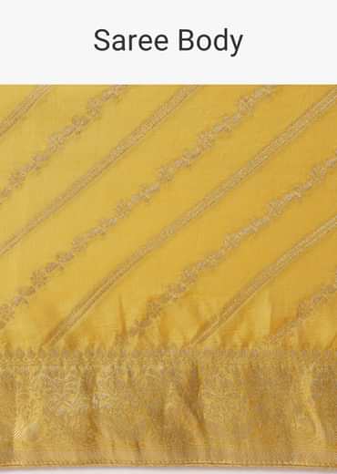 Yellow Banarasi Silk Handloom Saree With Zari Stripes And Unstitched Blouse Piece