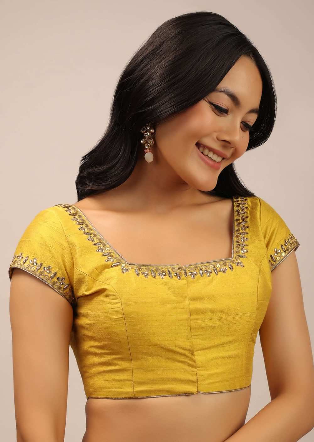 Yellow Blouse With Sequins, Stone And zardosi Work On The Neckline