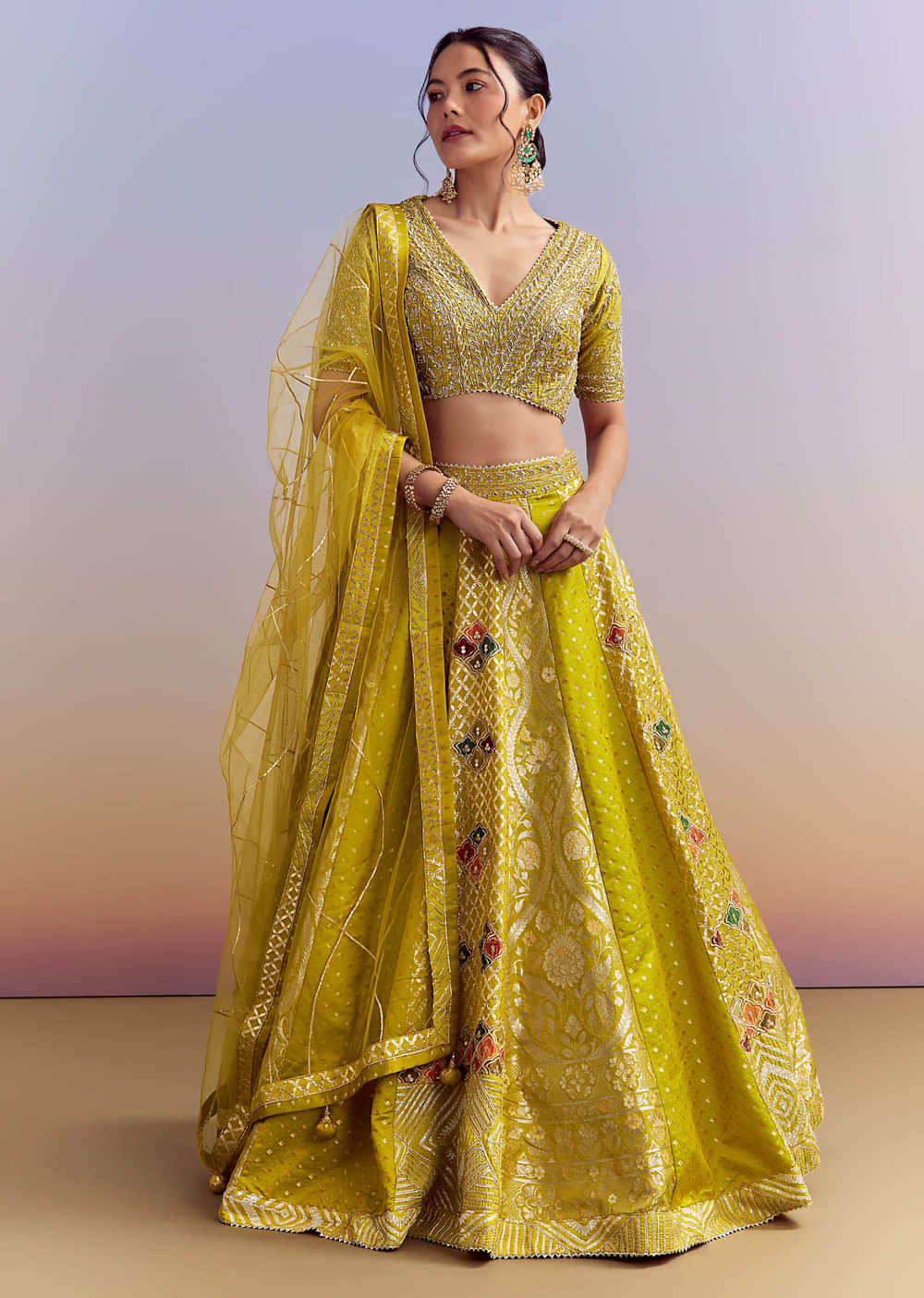 Yellow Brocade Organza Bridesmaid Lehenga With Zardosi Embroidery