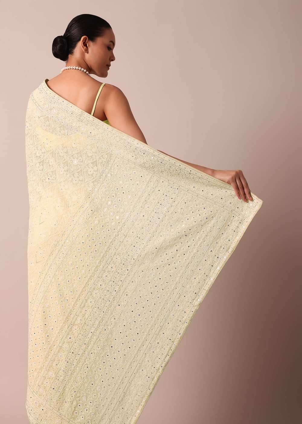 Yellow Chikankari Lucknowi Saree And Unstitched Blouse Piece