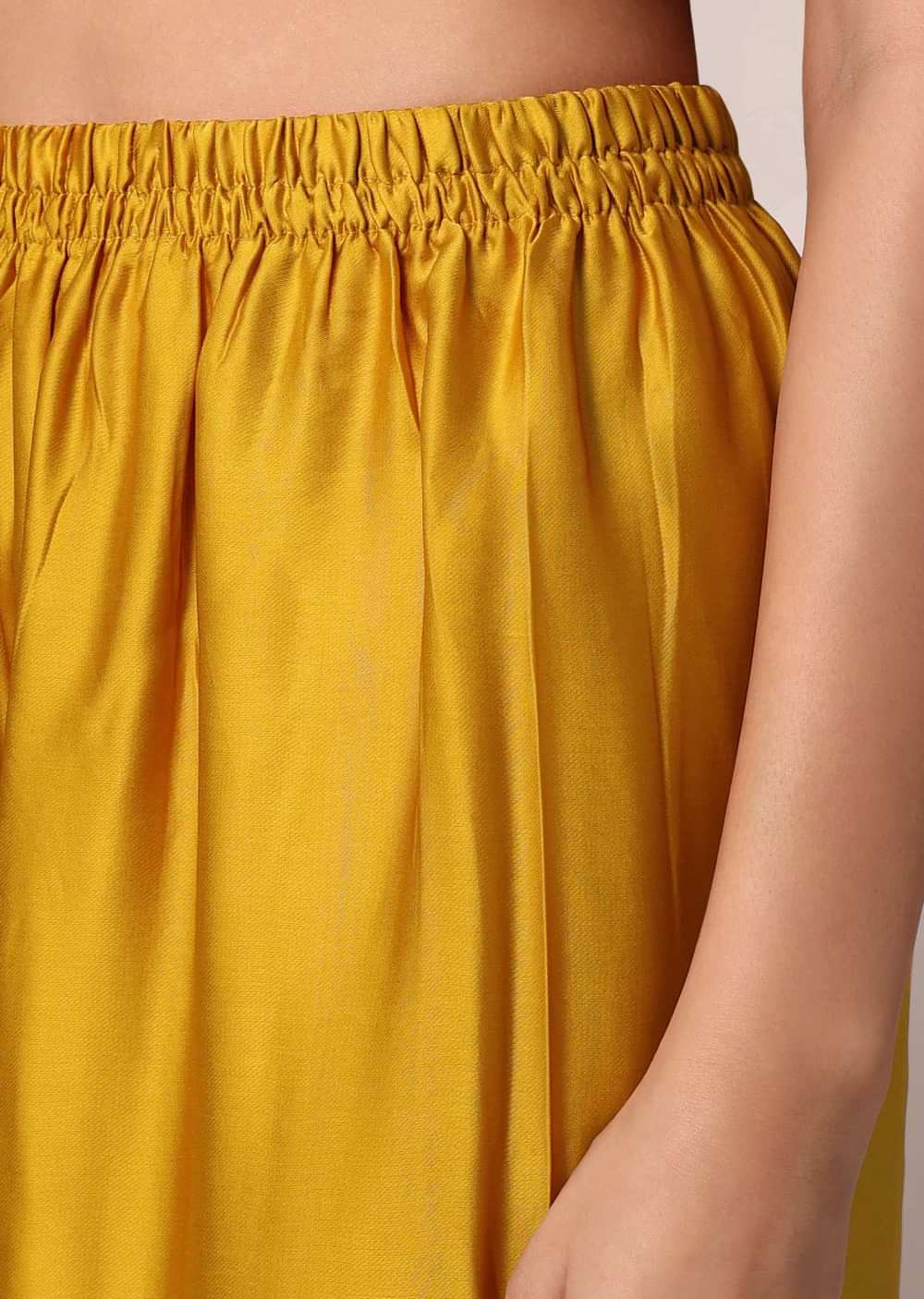 Yellow Crepe Pant Set With Gota Work Kaftan Kurta