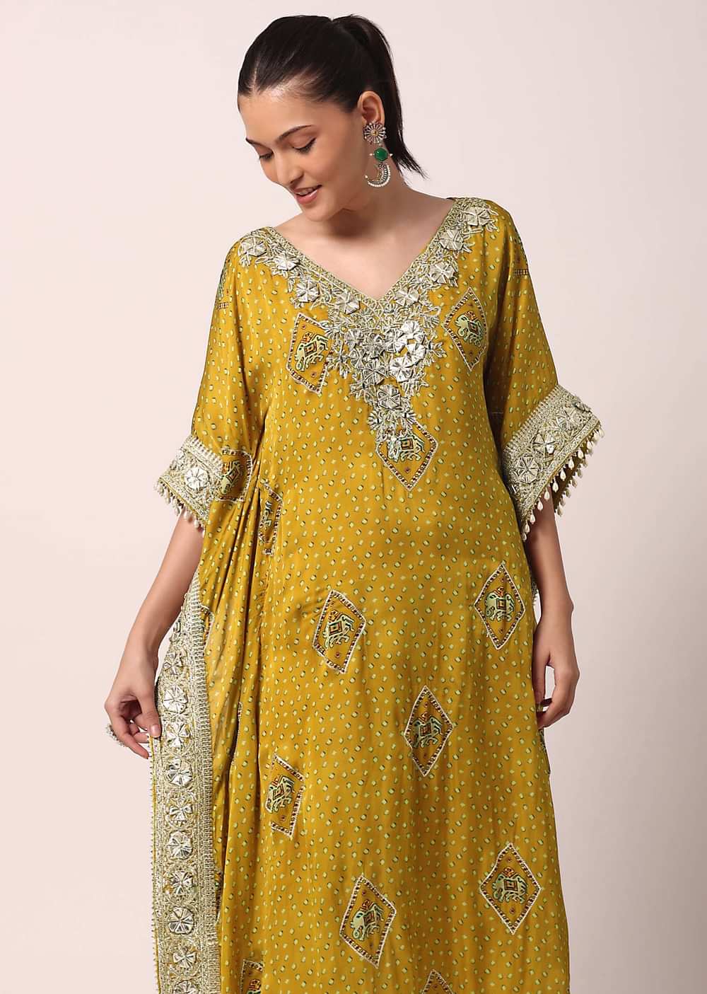 Yellow Crepe Pant Set With Gota Work Kaftan Kurta