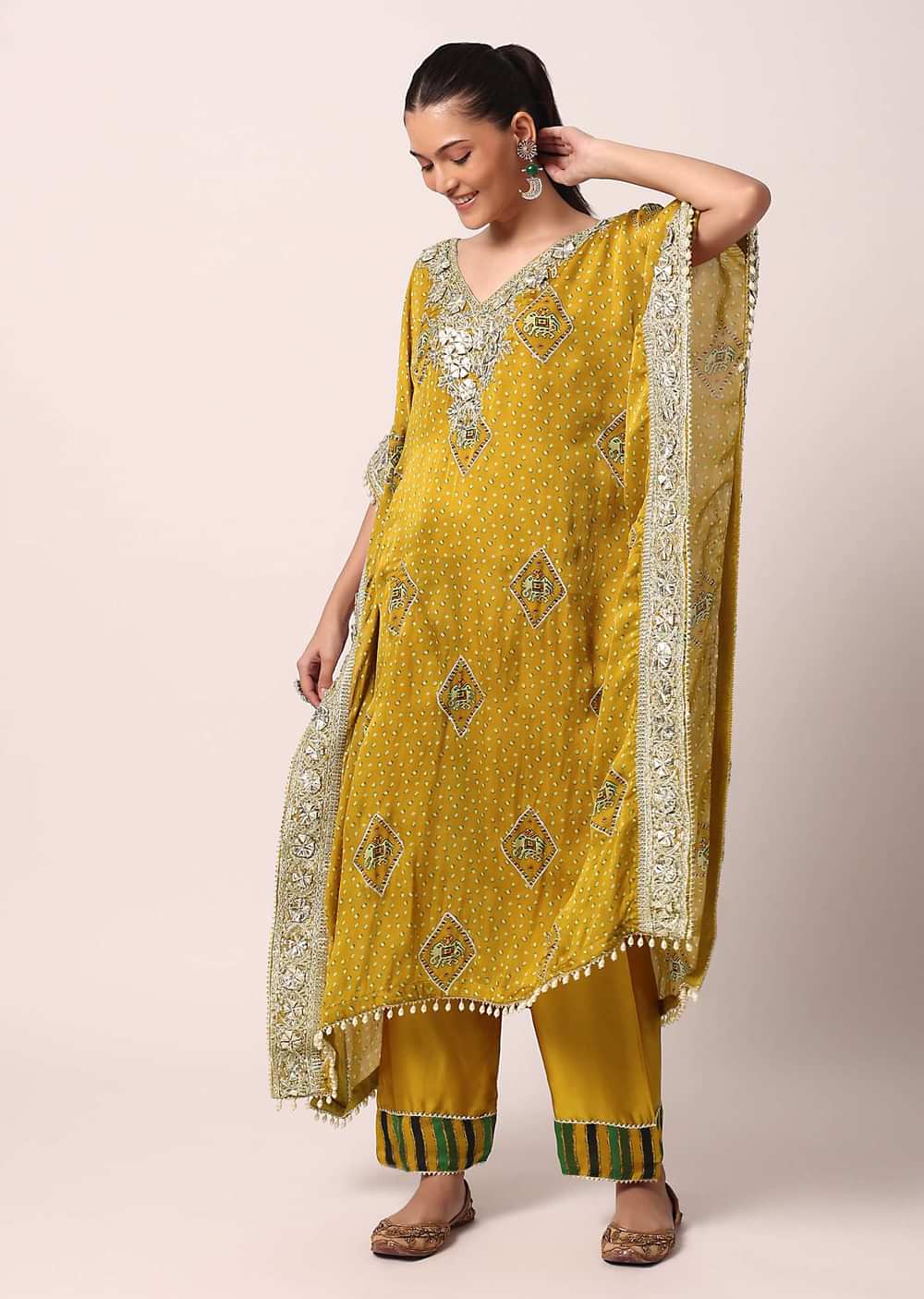 Yellow Crepe Pant Set With Gota Work Kaftan Kurta