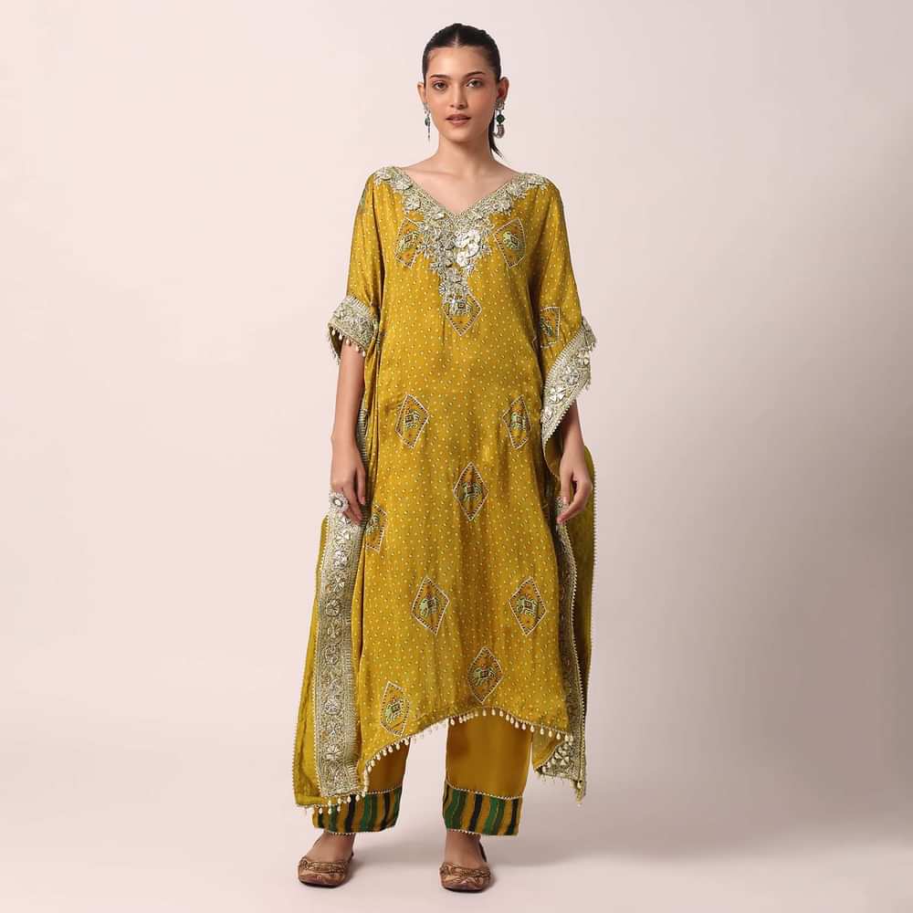 Yellow Crepe Pant Set With Gota Work Kaftan Kurta