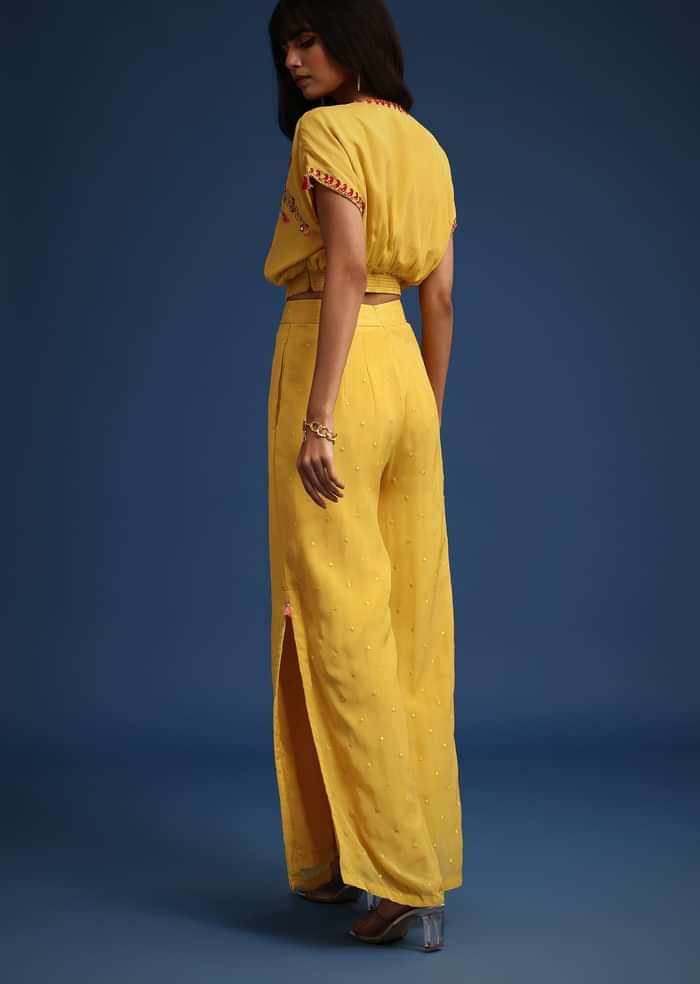 Yellow Crop Top With Slit Palazzo And Scarf