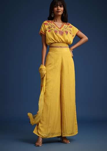 Yellow Crop Top With Slit Palazzo And Scarf