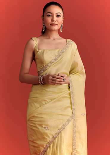 Mehndi Green Crushed Tissue Saree With Cutdana Work